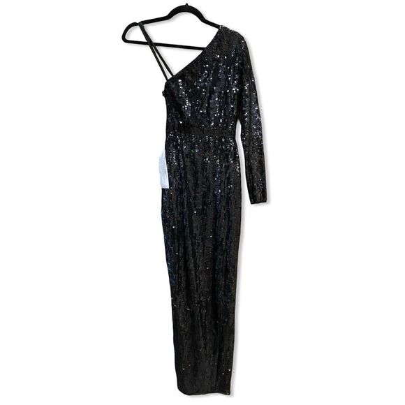 Mac Duggal 10788 SEQUINED ONE SLEEVE HIGH SLIT GOWN Black One-Shoulder Dress 2 - Picture 4 of 9